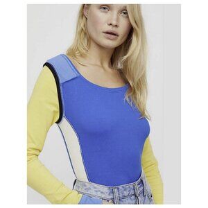 FREE PEOPLE Fancy That Color Block Long Sleeve Tee Size S Blue Multi NWT